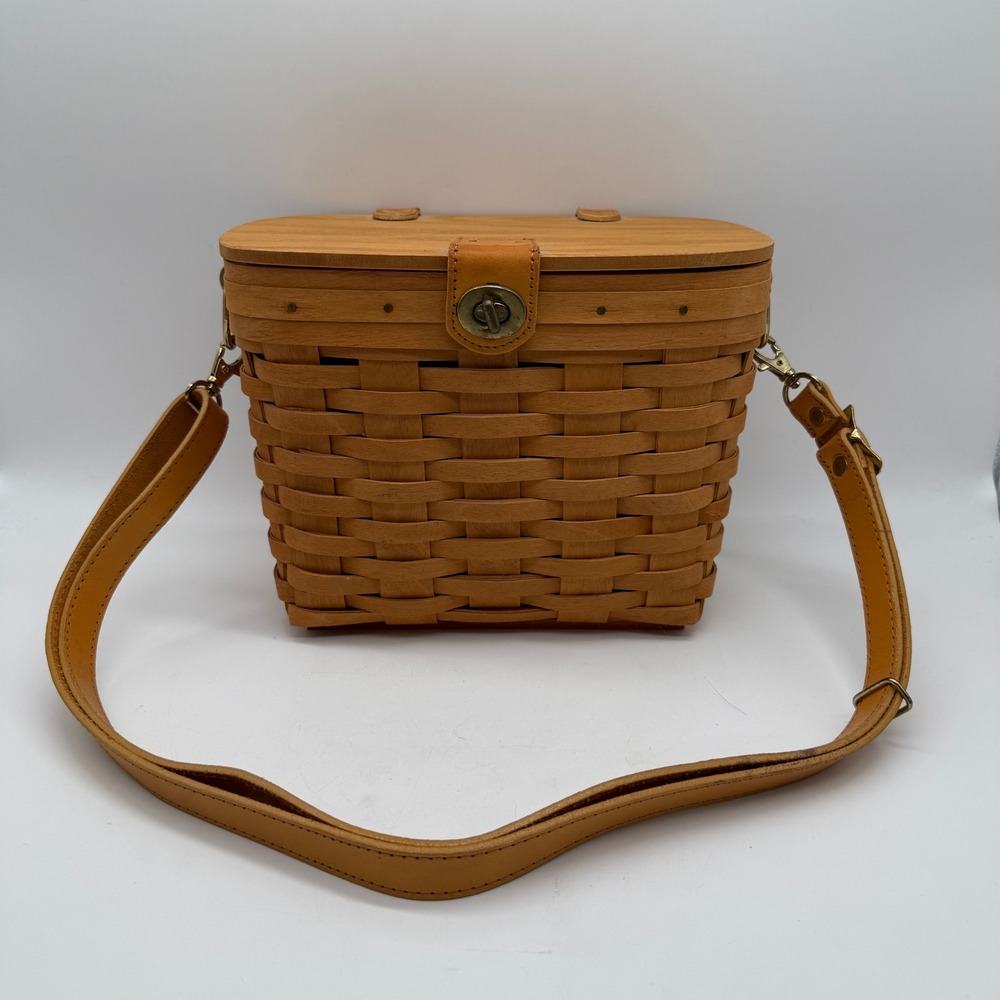 Longaberger Woven Wood Basket Crossbody Purse Bag Women Brown Leather Strap
